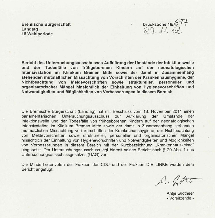 Endfassungsbericht mit Minderheitenvotum der Bremischen Bürgerschaft zum Ausbruch auf der Neonatolgie …